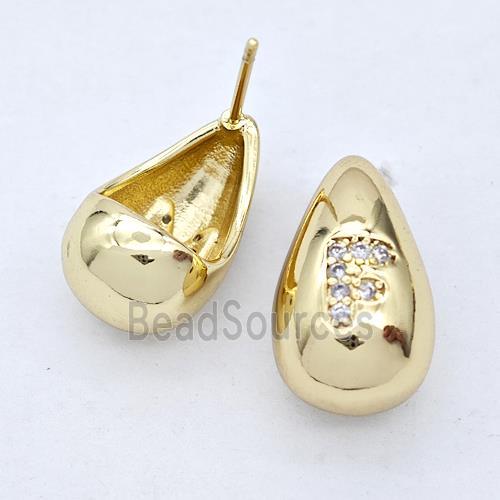 Copper Teardrop Stud Earring Pave Zirconia Letter-F Gold Plated