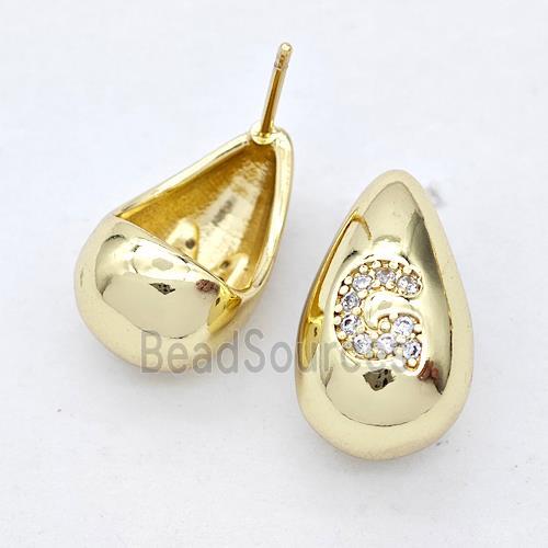 Copper Teardrop Stud Earring Pave Zirconia Letter-G Gold Plated