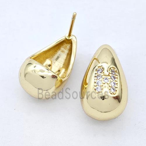 Copper Teardrop Stud Earring Pave Zirconia Letter-H Gold Plated