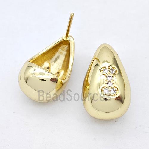 Copper Teardrop Stud Earring Pave Zirconia Letter-I Gold Plated