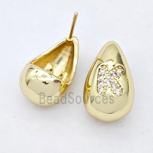 Copper Teardrop Stud Earring Pave Zirconia Letter-K Gold Plated