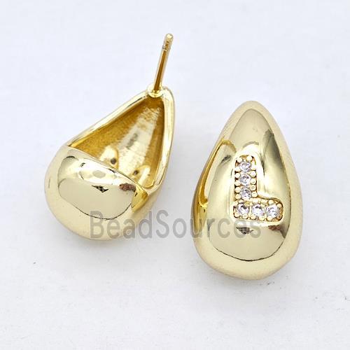 Copper Teardrop Stud Earring Pave Zirconia Letter-L Gold Plated