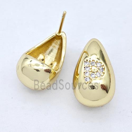 Copper Teardrop Stud Earring Pave Zirconia Letter-P Gold Plated