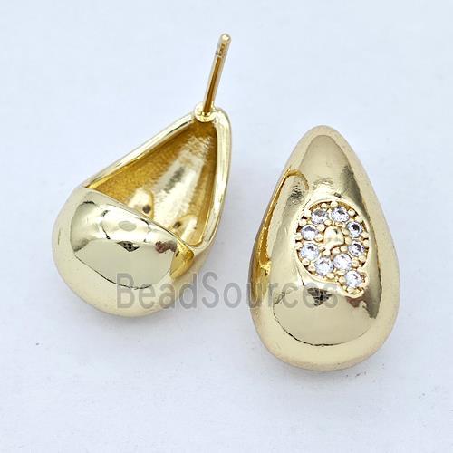 Copper Teardrop Stud Earring Pave Zirconia Letter-Q Gold Plated