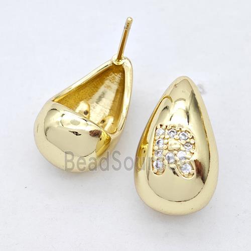 Copper Teardrop Stud Earring Pave Zirconia Letter-R Gold Plated