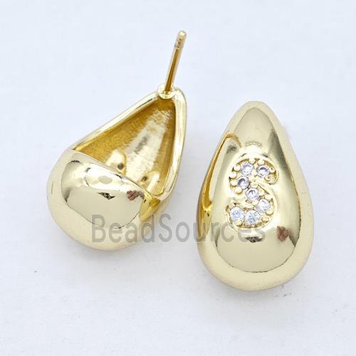 Copper Teardrop Stud Earring Pave Zirconia Letter-S Gold Plated