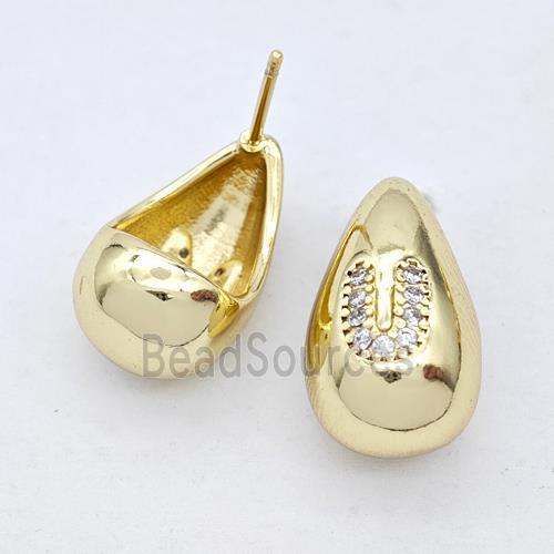 Copper Teardrop Stud Earring Pave Zirconia Letter-U Gold Plated