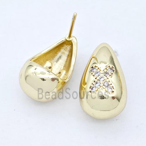 Copper Teardrop Stud Earring Pave Zirconia Letter-X Gold Plated