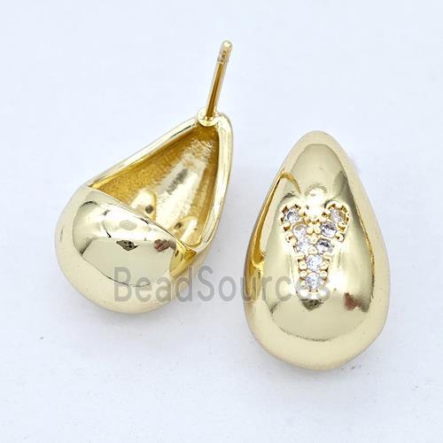 Copper Teardrop Stud Earring Pave Zirconia Letter-Y Gold Plated