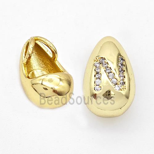 Copper Teardrop Pendant Pave Zirconia Letter-N Gold Plated