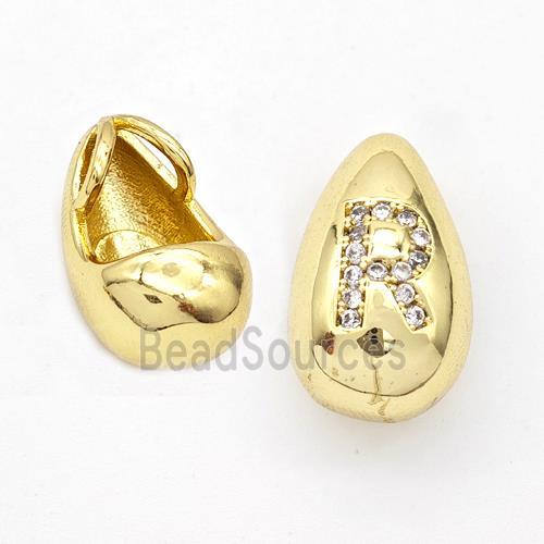 Copper Teardrop Pendant Pave Zirconia Letter-R Gold Plated