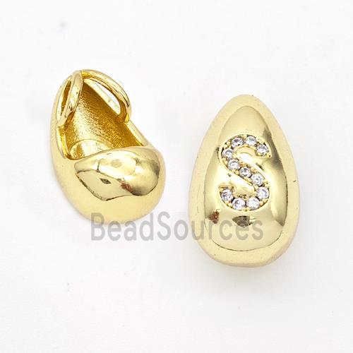 Copper Teardrop Pendant Pave Zirconia Letter-S Gold Plated