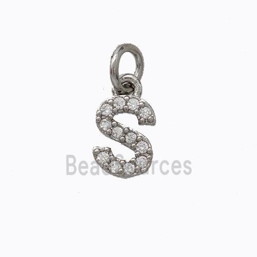 Copper Pendant Pave Zirconia Letter-S Platinum Plated