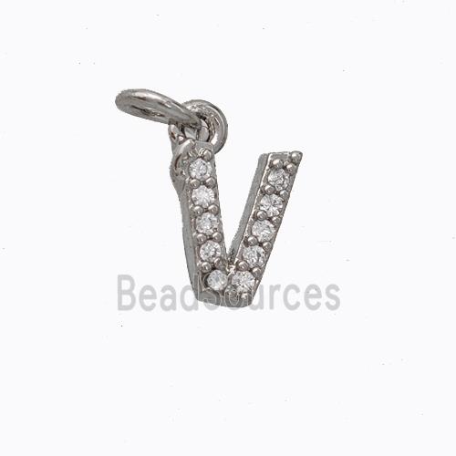 Copper Pendant Pave Zirconia Letter-V Platinum Plated