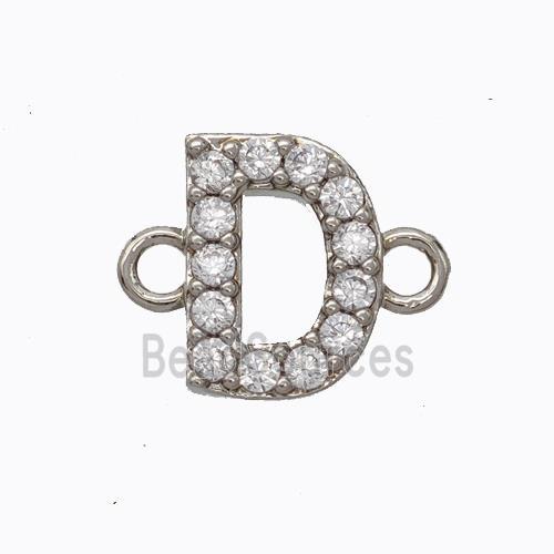 Copper Connector Pave Zirconia Letter-D Platinum Plated