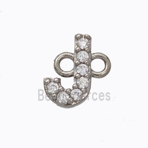 Copper Connector Pave Zirconia Letter-J Platinum Plated