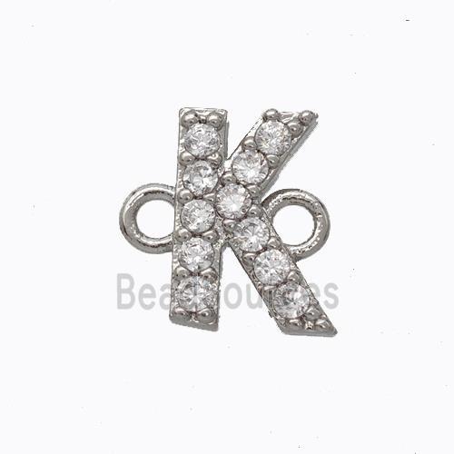 Copper Connector Pave Zirconia Letter-K Platinum Plated