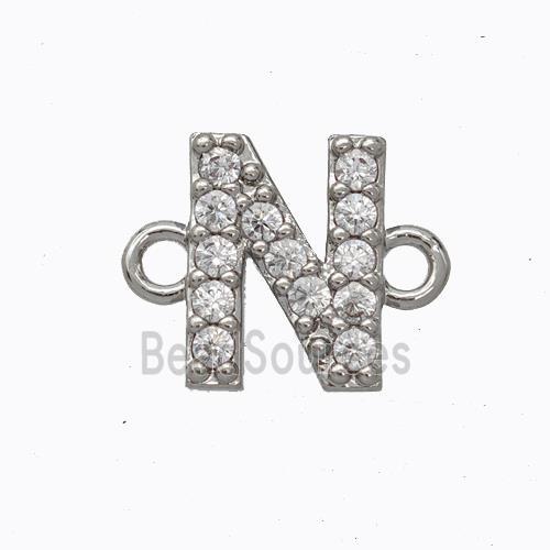 Copper Connector Pave Zirconia Letter-N Platinum Plated