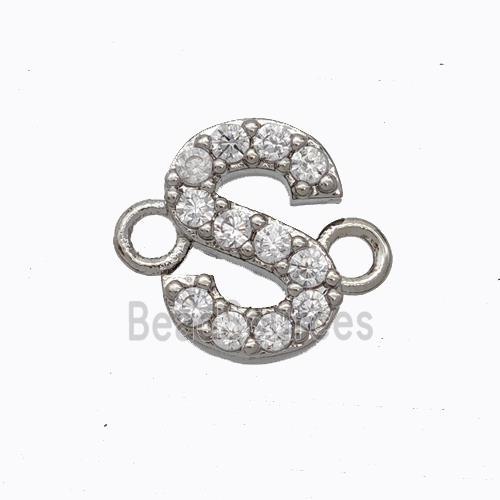 Copper Connector Pave Zirconia Letter-S Platinum Plated