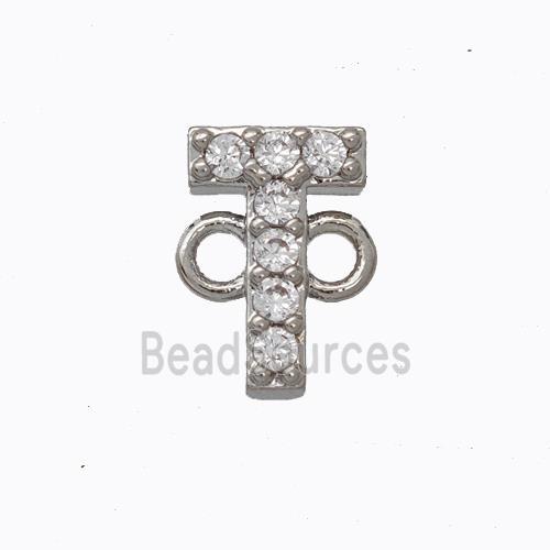 Copper Connector Pave Zirconia Letter-T Platinum Plated