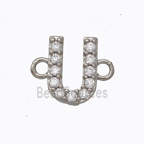 Copper Connector Pave Zirconia Letter-U Platinum Plated