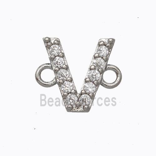 Copper Connector Pave Zirconia Letter-V Platinum Plated