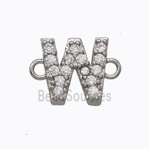 Copper Connector Pave Zirconia Letter-W Platinum Plated