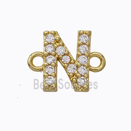 Copper Connector Pave Zirconia Letter-N Gold Plated