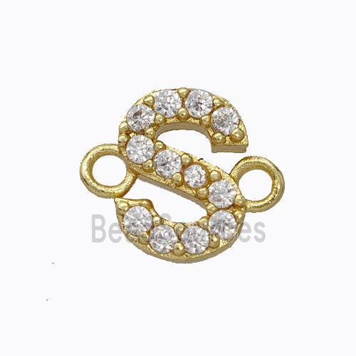 Copper Connector Pave Zirconia Letter-S Gold Plated