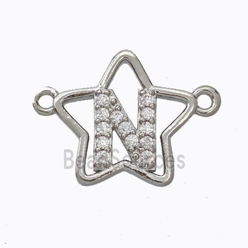 Copper Star Pendant Pave Zirconia Letter-N Platinum Plated