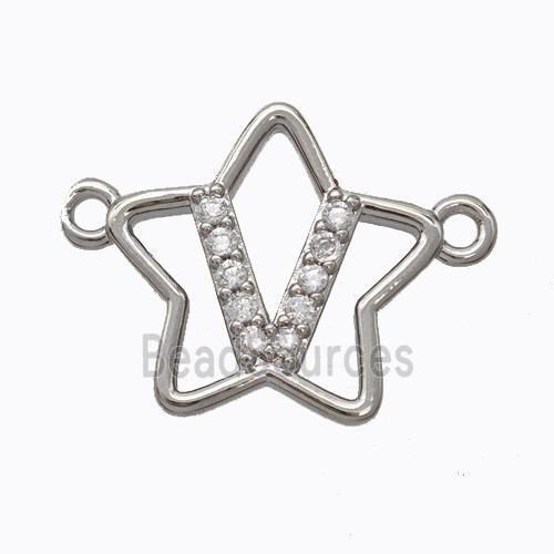 Copper Star Pendant Pave Zirconia Letter-V Platinum Plated