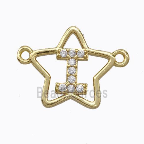 Copper Star Pendant Pave Zirconia Letter-I Gold Plated