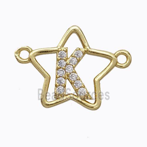 Copper Star Pendant Pave Zirconia Letter-K Gold Plated