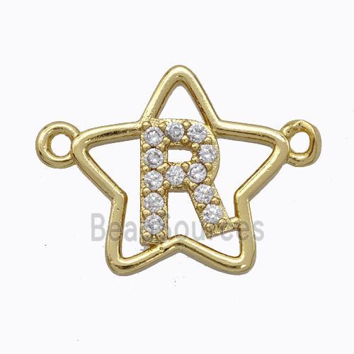 Copper Star Pendant Pave Zirconia Letter-R Gold Plated