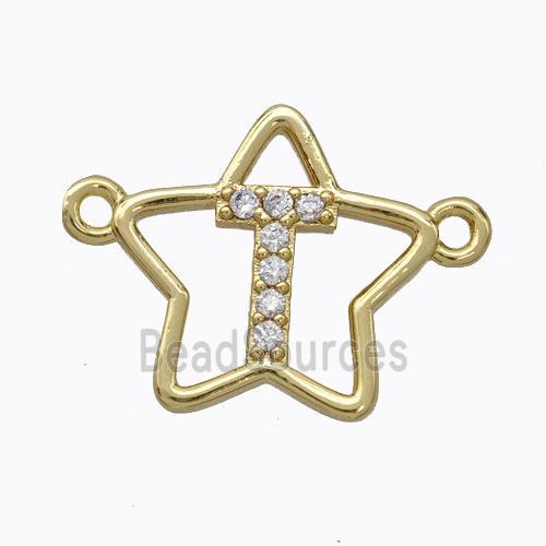 Copper Star Pendant Pave Zirconia Letter-T Gold Plated