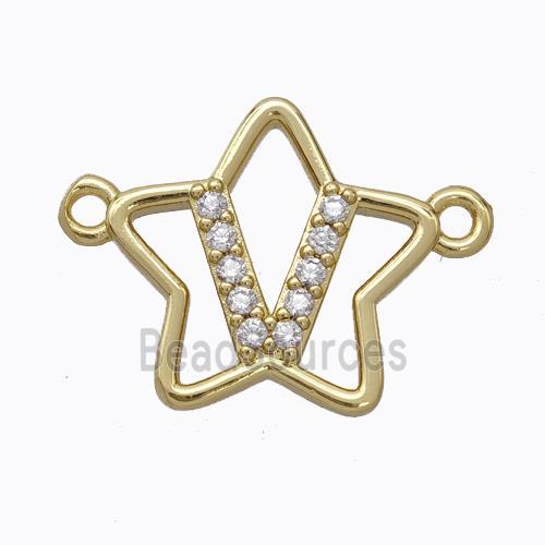 Copper Star Pendant Pave Zirconia Letter-V Gold Plated