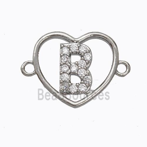 Copper Heart Connector Pave Zirconia Letter-B Platinum Plated