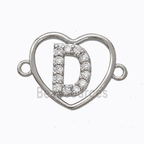 Copper Heart Connector Pave Zirconia Letter-D Platinum Plated