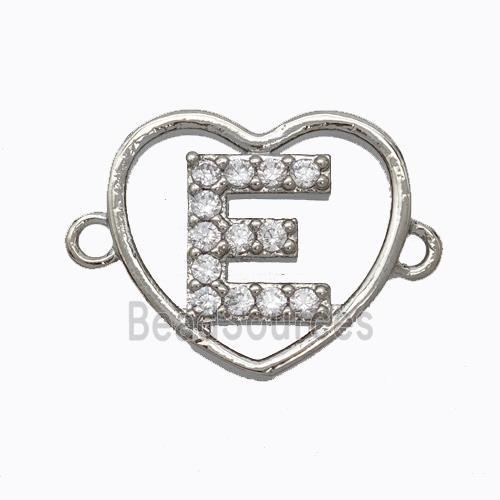 Copper Heart Connector Pave Zirconia Letter-E Platinum Plated