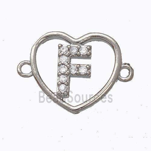 Copper Heart Connector Pave Zirconia Letter-F Platinum Plated