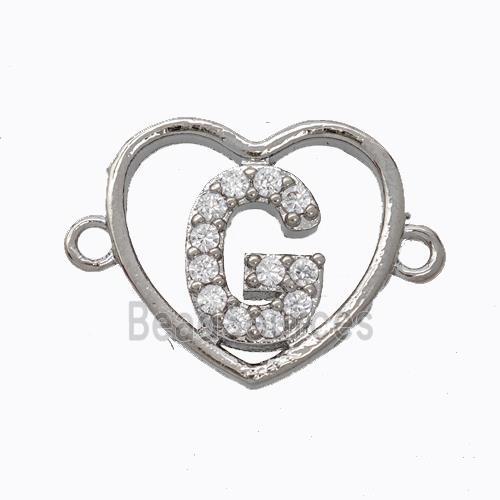 Copper Heart Connector Pave Zirconia Letter-G Platinum Plated