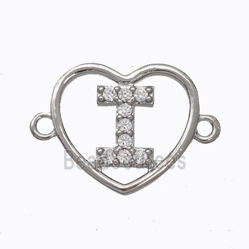 Copper Heart Connector Pave Zirconia Letter-I Platinum Plated