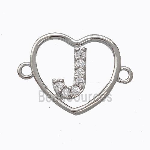 Copper Heart Connector Pave Zirconia Letter-J Platinum Plated