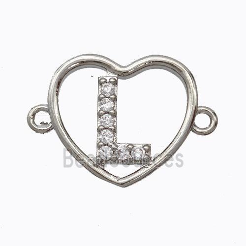 Copper Heart Connector Pave Zirconia Letter-L Platinum Plated