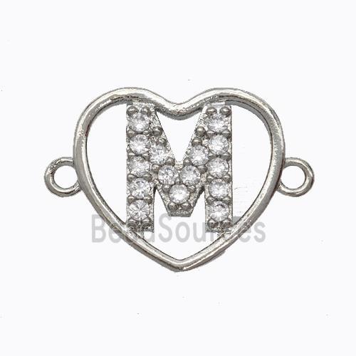 Copper Heart Connector Pave Zirconia Letter-M Platinum Plated