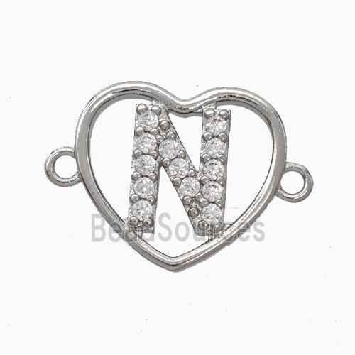 Copper Heart Connector Pave Zirconia Letter-N Platinum Plated