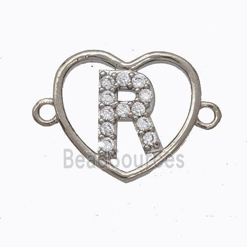 Copper Heart Connector Pave Zirconia Letter-R Platinum Plated