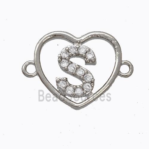 Copper Heart Connector Pave Zirconia Letter-S Platinum Plated