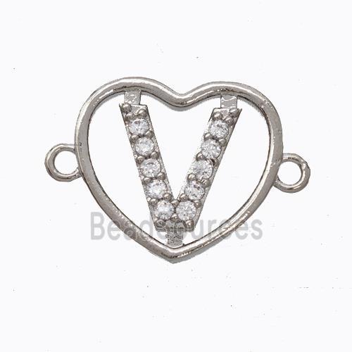 Copper Heart Connector Pave Zirconia Letter-V Platinum Plated