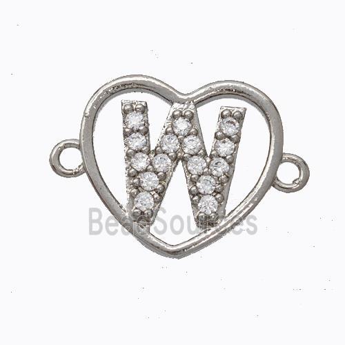 Copper Heart Connector Pave Zirconia Letter-W Platinum Plated